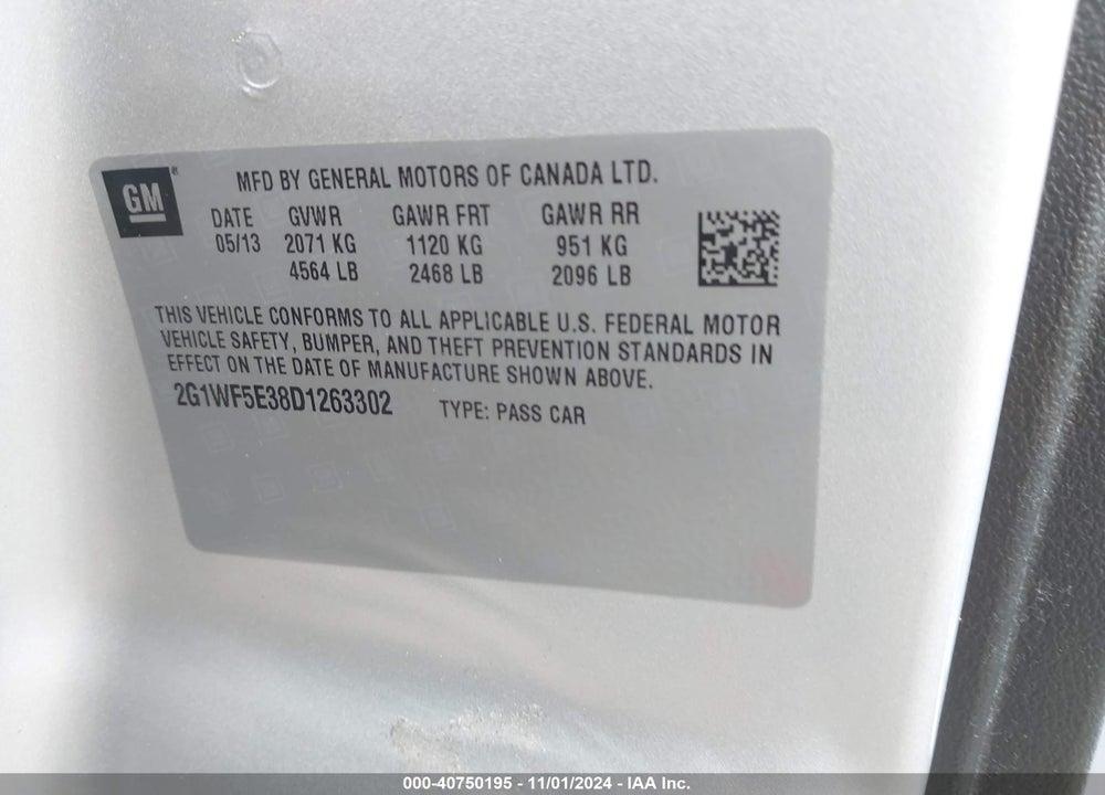 2013 CHEVROLET IMPALA LS VIN: 2G1WF5E38D1263302