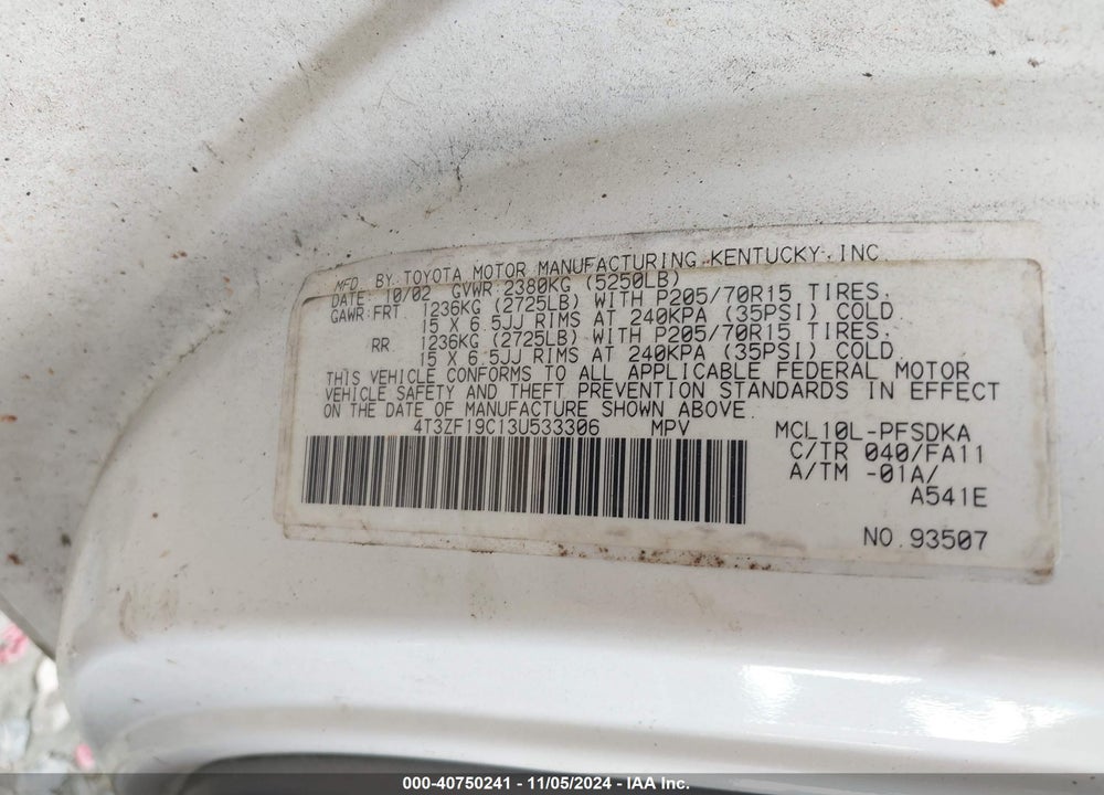 2003 TOYOTA SIENNA CE VIN: 4T3ZF19C13U533306