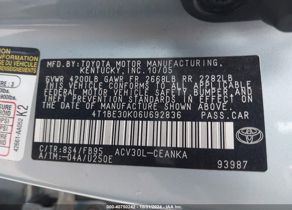 2006 TOYOTA CAMRY LE VIN: 4T1BE30K06U692836