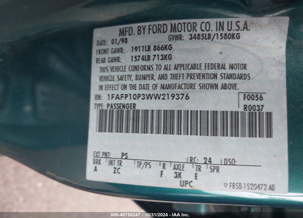 1998 FORD ESCORT LX VIN: 1FAFP10P3WW219376