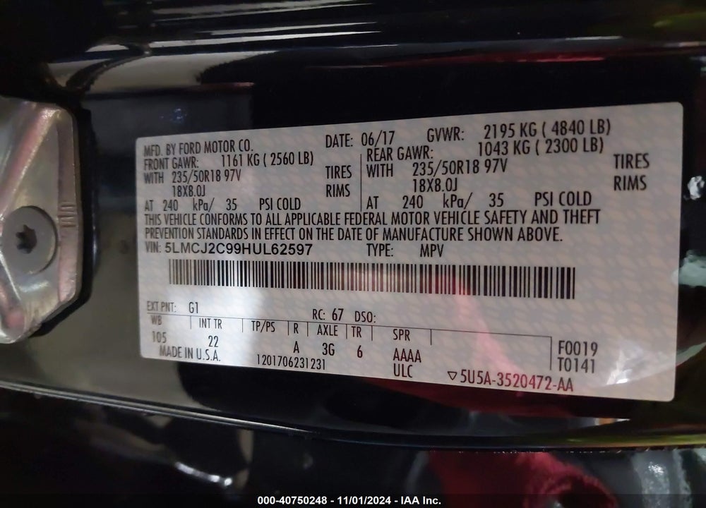 2017 LINCOLN MKC SELECT VIN: 5LMCJ2C99HUL62597