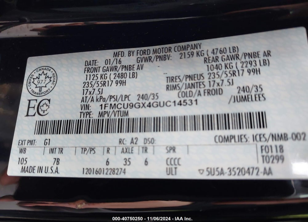 2016 FORD ESCAPE SE VIN: 1FMCU9GX4GUC14531