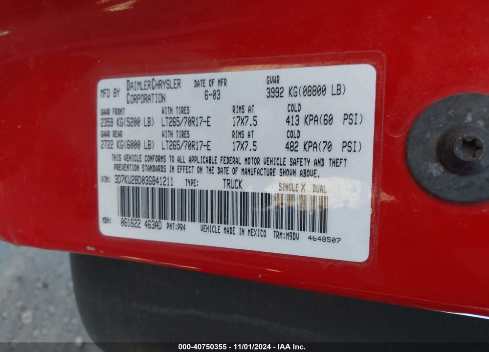 2003 DODGE RAM 2500 SLT/LARAMIE/ST VIN: 3D7KU28D03G841211