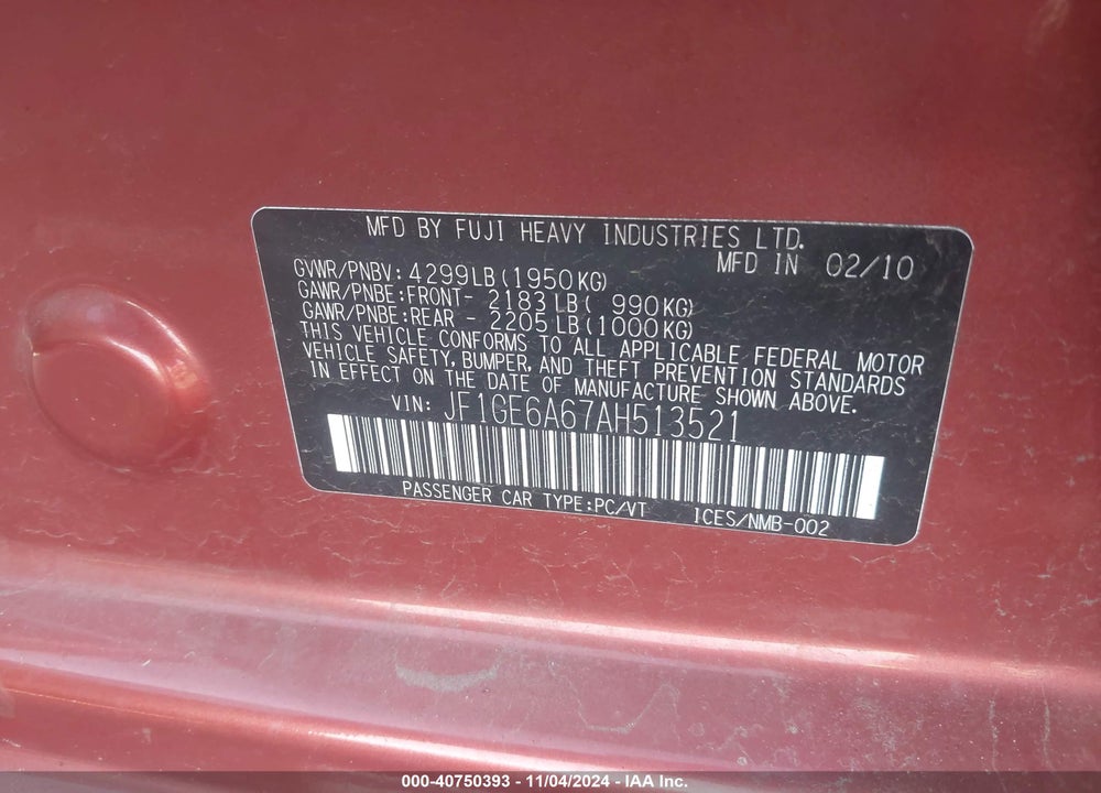 2010 SUBARU IMPREZA 2.5I VIN: JF1GE6A67AH513521