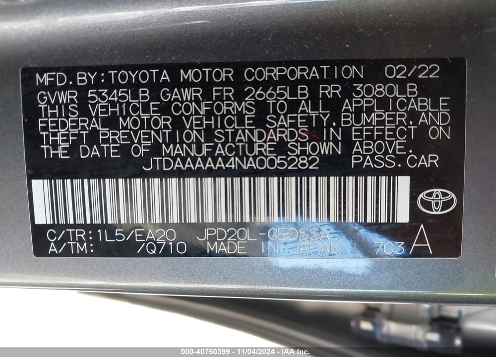 2022 TOYOTA MIRAI XLE VIN: JTDAAAAA4NA005282