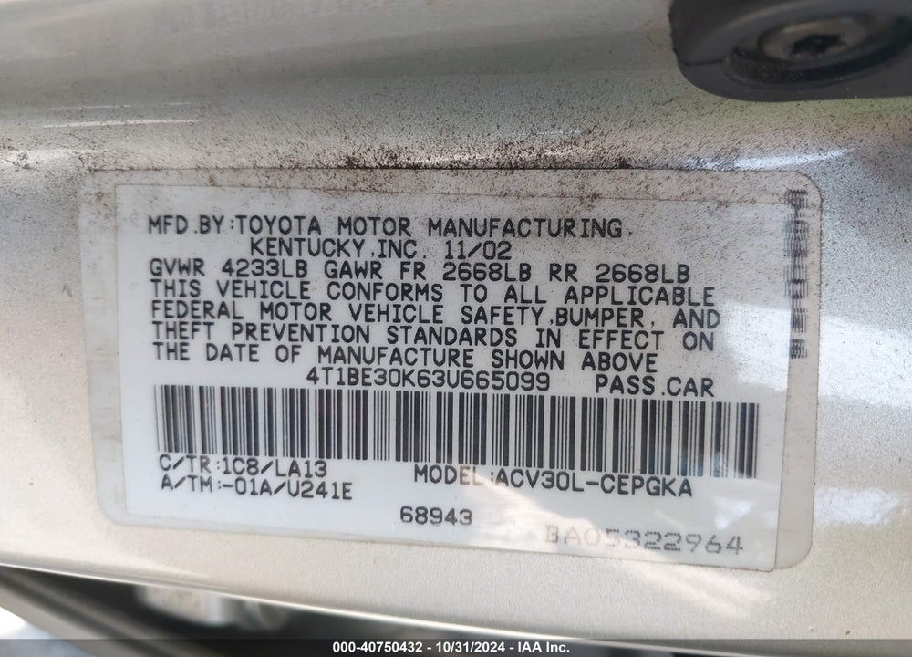 2003 TOYOTA CAMRY XLE VIN: 4T1BE30K63U665099