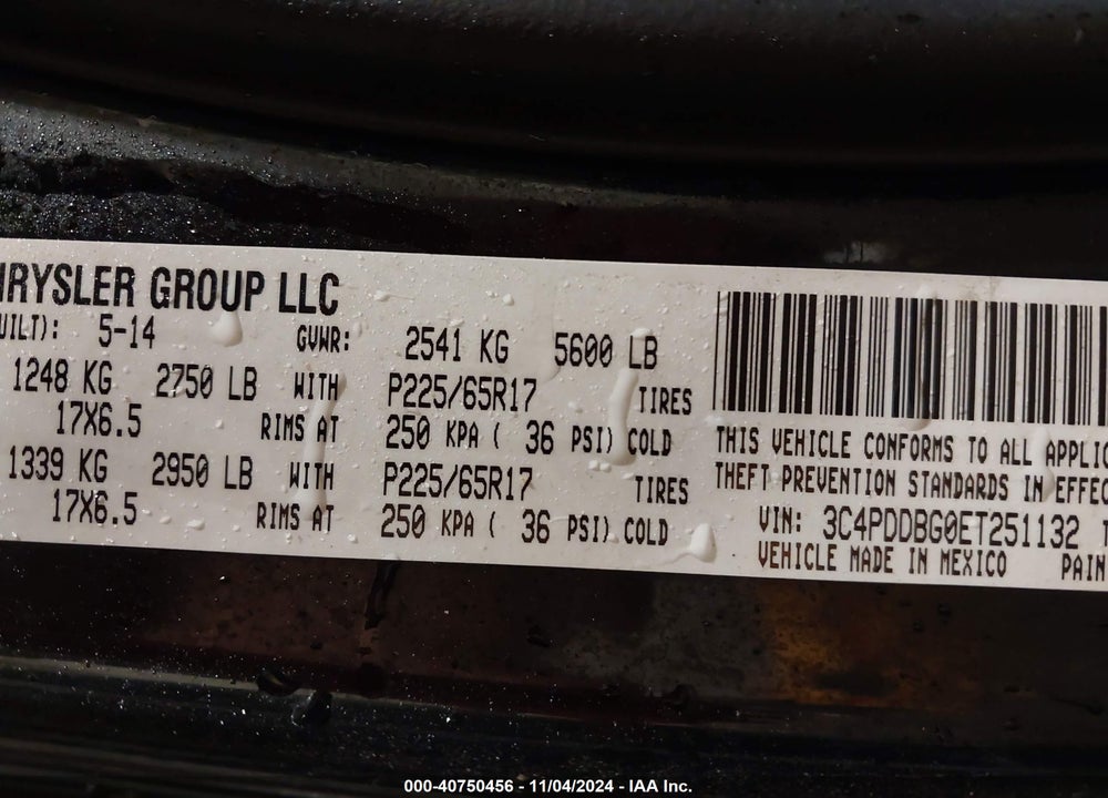 2014 DODGE JOURNEY SXT VIN: 3C4PDDBG0ET251132