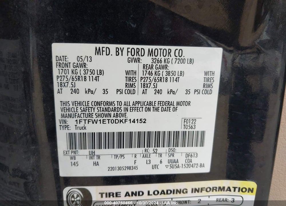 2013 FORD F-150 LARIAT VIN: 1FTFW1ET0DKF14152