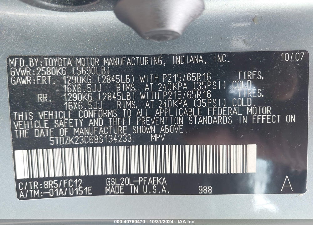 2008 TOYOTA SIENNA LE VIN: 5TDZK23C68S134233