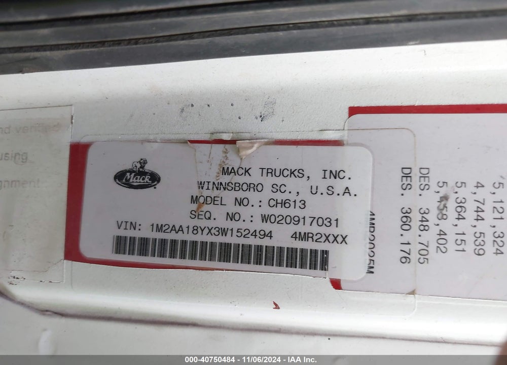 2003 MACK CH613 CH600 VIN: 1M2AA18YX3W152494