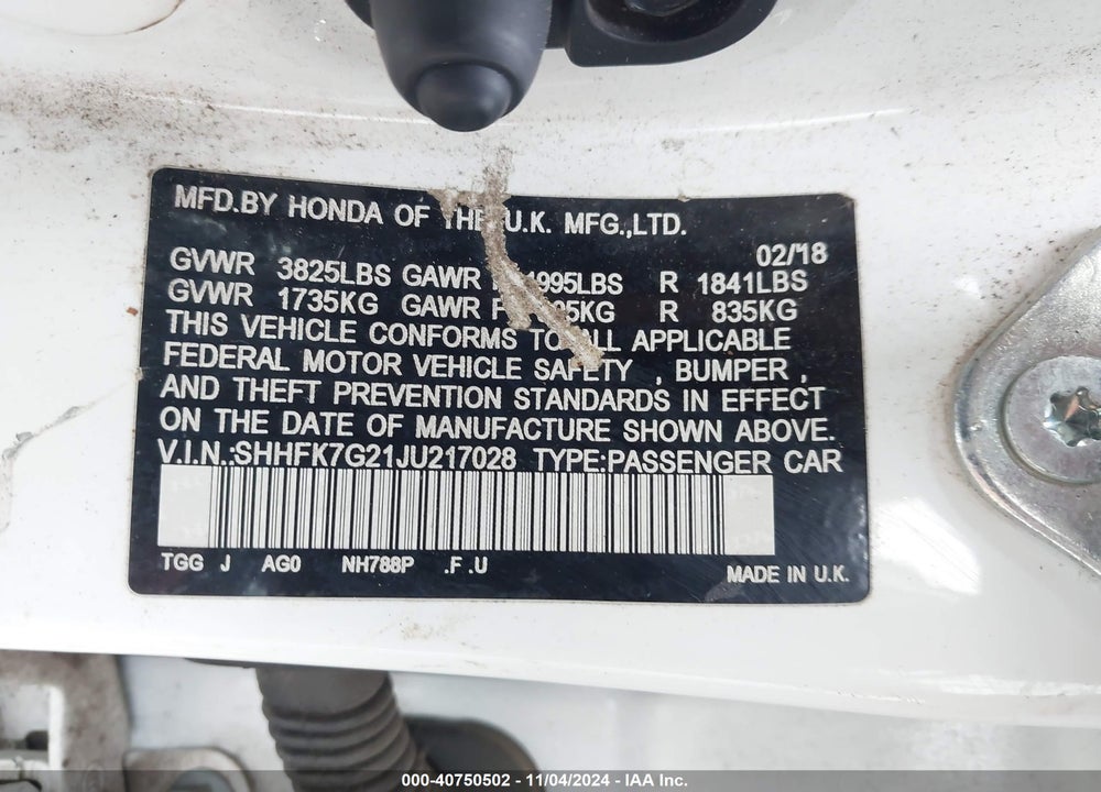 2018 HONDA CIVIC LX VIN: SHHFK7G21JU217028