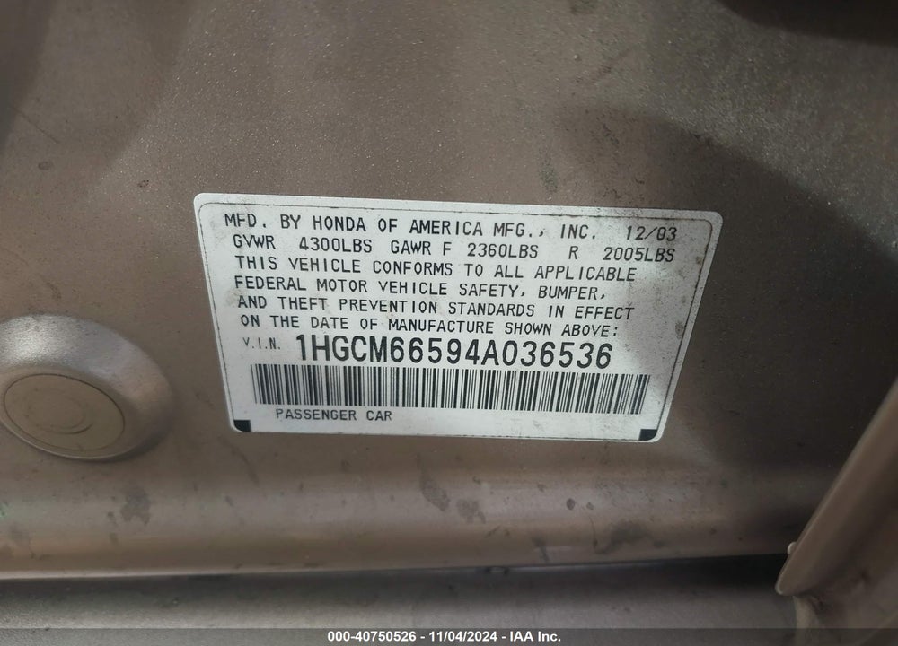 2004 HONDA ACCORD 3.0 EX VIN: 1HGCM66594A036536