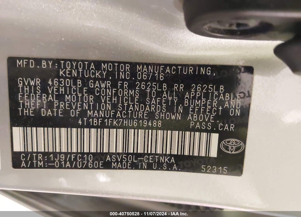 2017 TOYOTA CAMRY LE VIN: 4T1BF1FK7HU619488