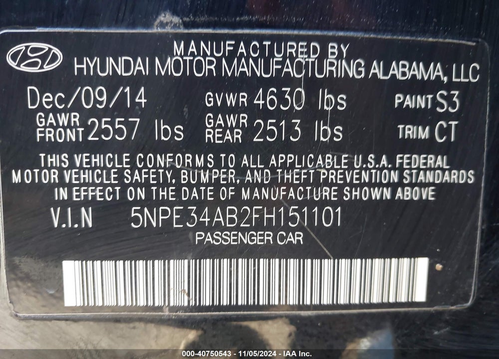2015 HYUNDAI SONATA LIMITED 2.0T VIN: 5NPE34AB2FH151101