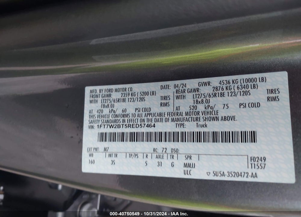 2024 FORD F-250 XLT VIN: 1FT7W2BT5RED57464