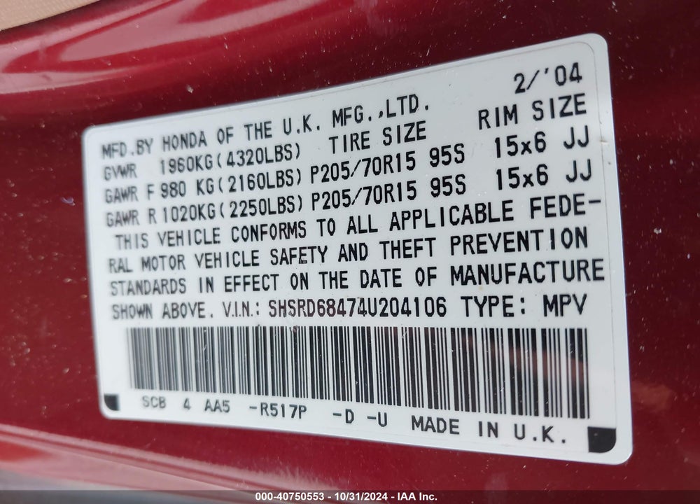 2004 HONDA CR-V LX VIN: SHSRD68474U204106