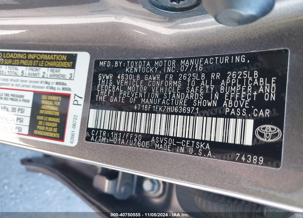 2017 TOYOTA CAMRY SE VIN: 4T1BF1FK7HU636971