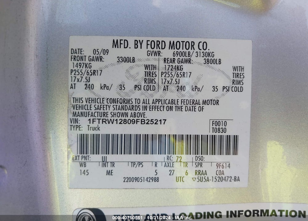 2009 FORD F-150 XL/XLT VIN: 1FTRW12809FB25217
