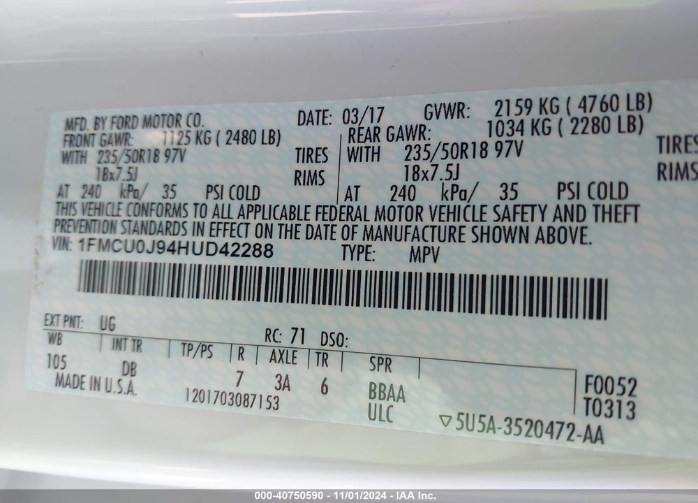 2017 FORD ESCAPE TITANIUM VIN: 1FMCU0J94HUD42288