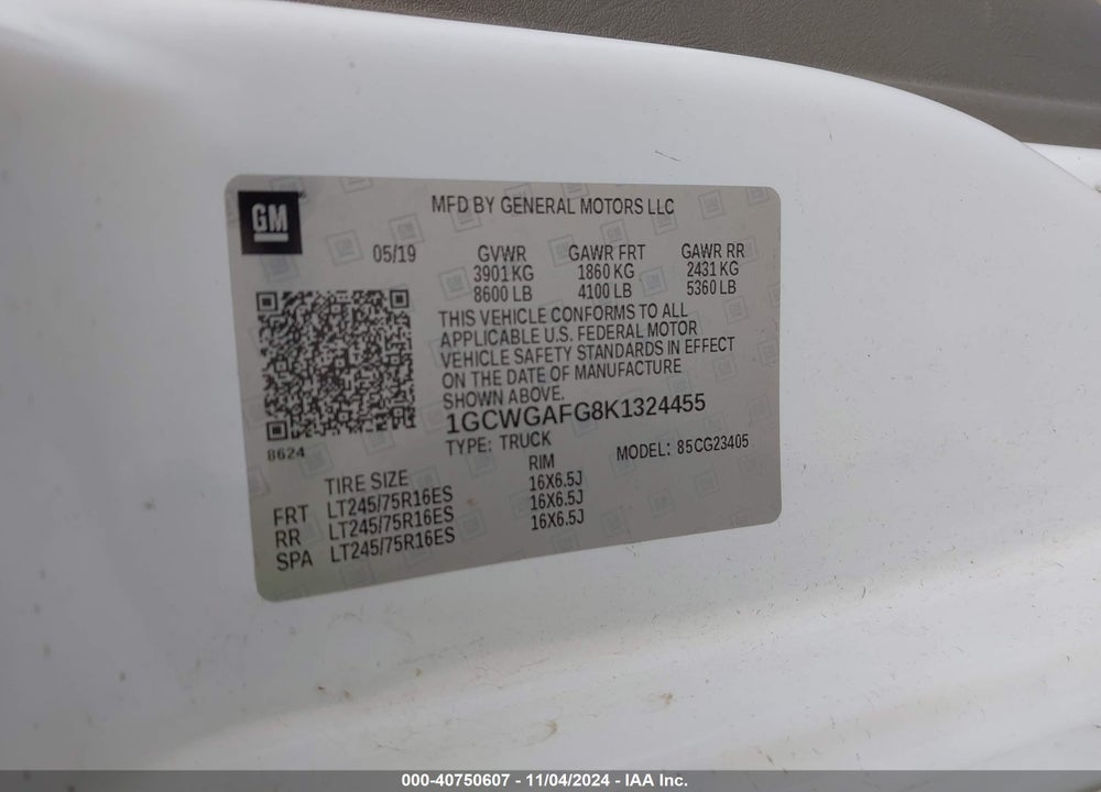 2019 CHEVROLET EXPRESS 2500 WORK VAN VIN: 1GCWGAFG8K1324455