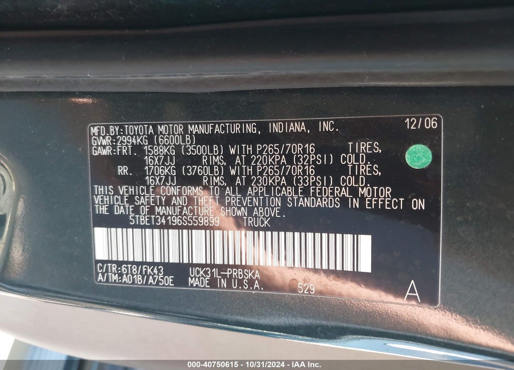 2006 TOYOTA TUNDRA SR5 V8 VIN: 5TBET34196S559899