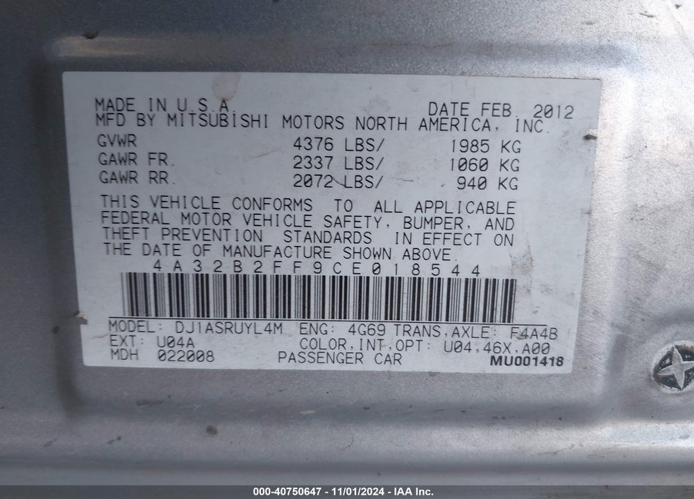 2012 MITSUBISHI GALANT FE VIN: 4A32B2FF9CE018544