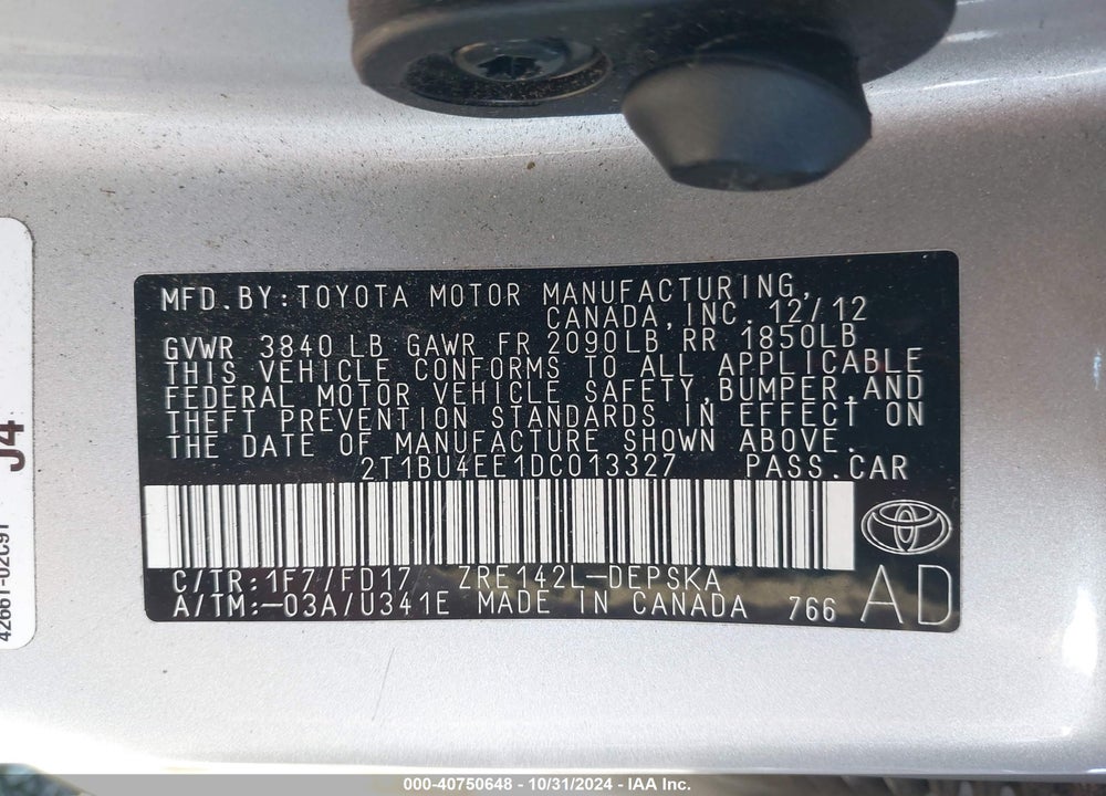 2013 TOYOTA COROLLA S/LE VIN: 2T1BU4EE1DC013327