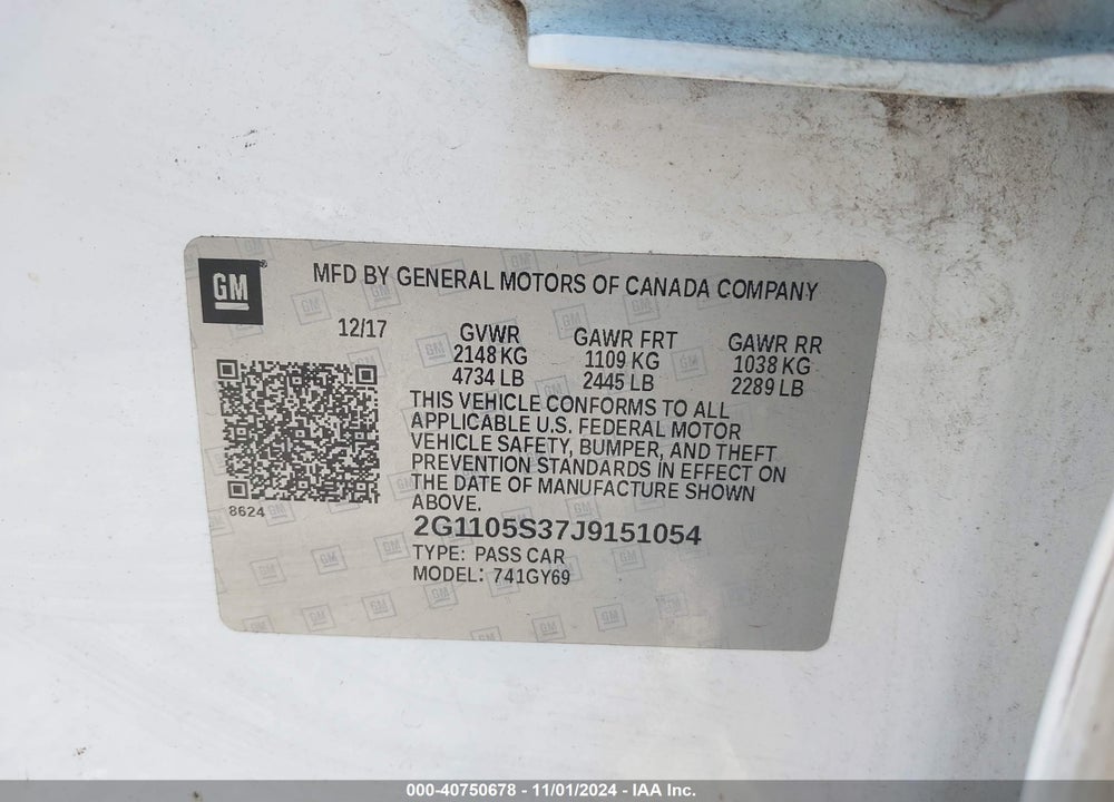 2018 CHEVROLET IMPALA 1LT VIN: 2G1105S37J9151054