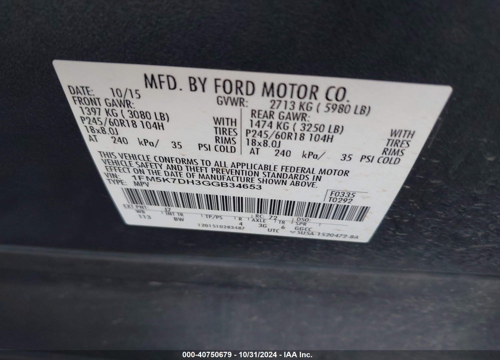 2016 FORD EXPLORER XLT VIN: 1FM5K7DH3GGB34653