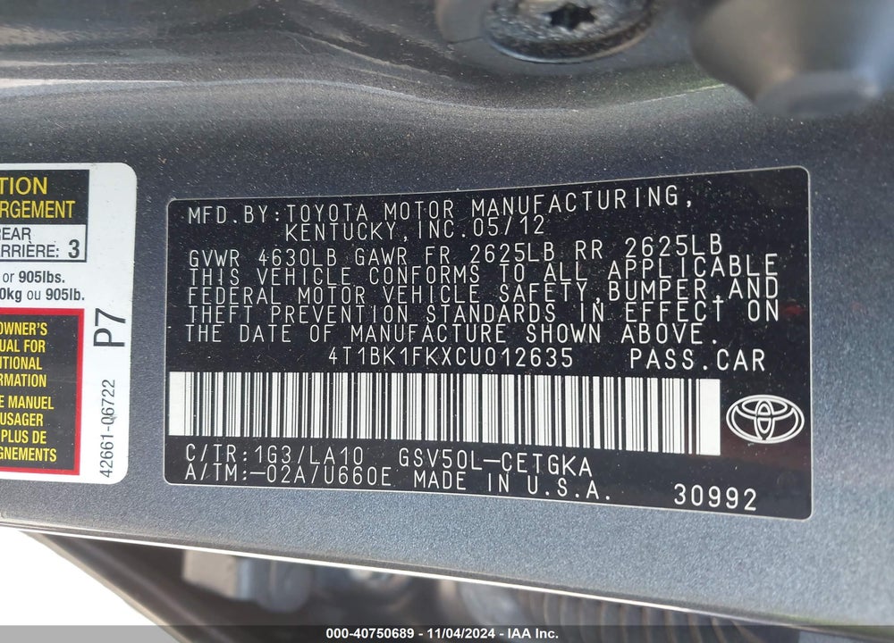 2012 TOYOTA CAMRY XLE V6 VIN: 4T1BK1FKXCU012635
