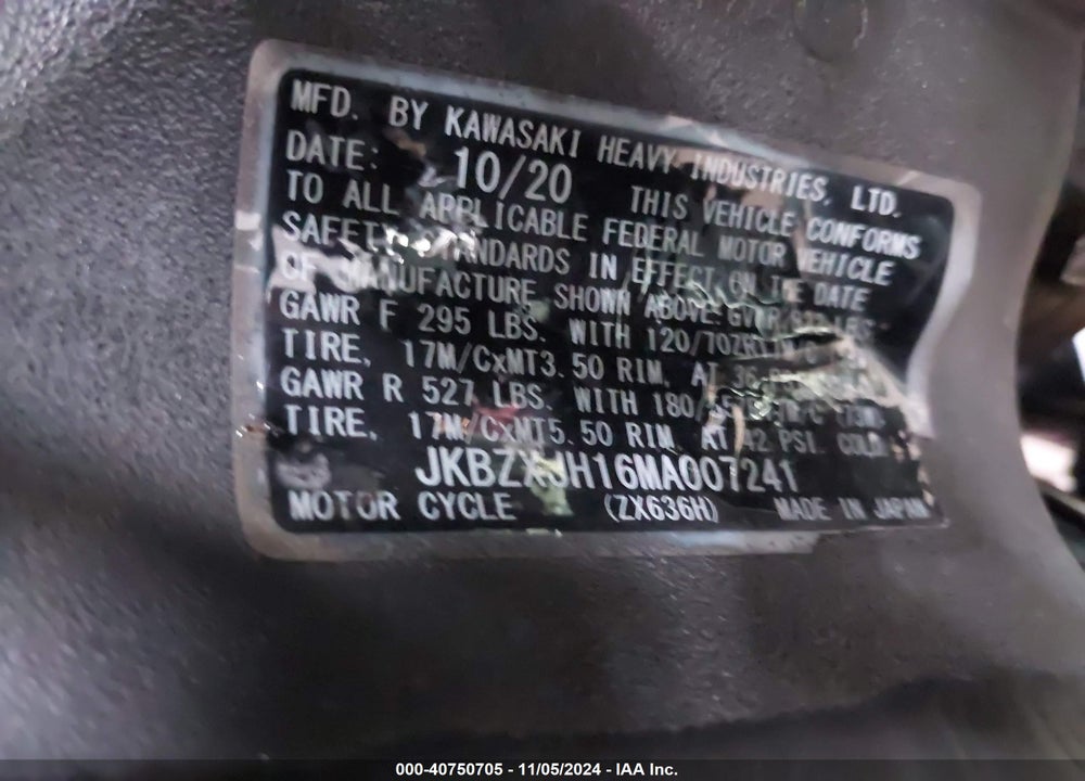 2021 KAWASAKI ZX636 K VIN: JKBZXJH16MA007241