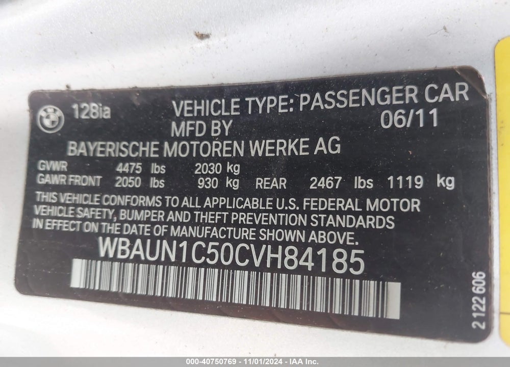 2012 BMW 128I VIN: WBAUN1C50CVH84185