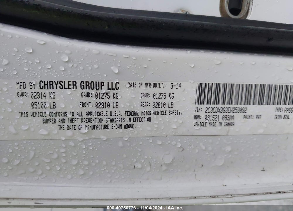 2014 DODGE CHARGER SE VIN: 2C3CDXBG3EH259092