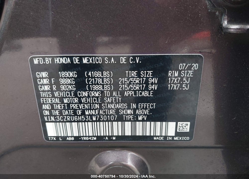 2020 HONDA HR-V AWD EX VIN: 3CZRU6H53LM730107