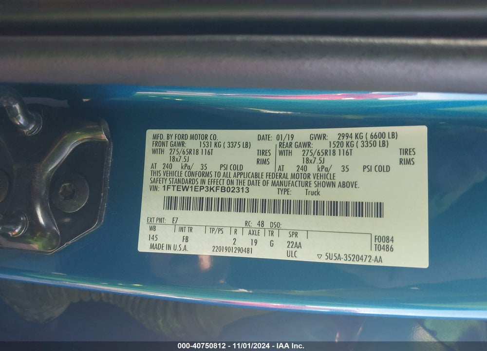 2019 FORD F-150 XLT VIN: 1FTEW1EP3KFB02313
