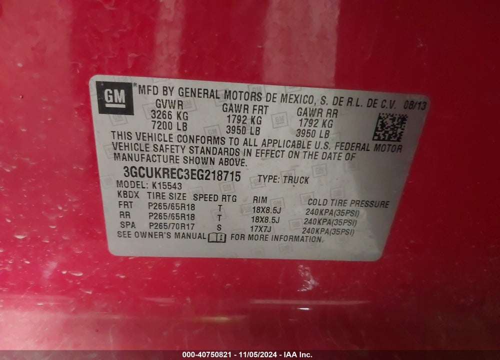 2014 CHEVROLET SILVERADO 1500 1LT VIN: 3GCUKREC3EG218715