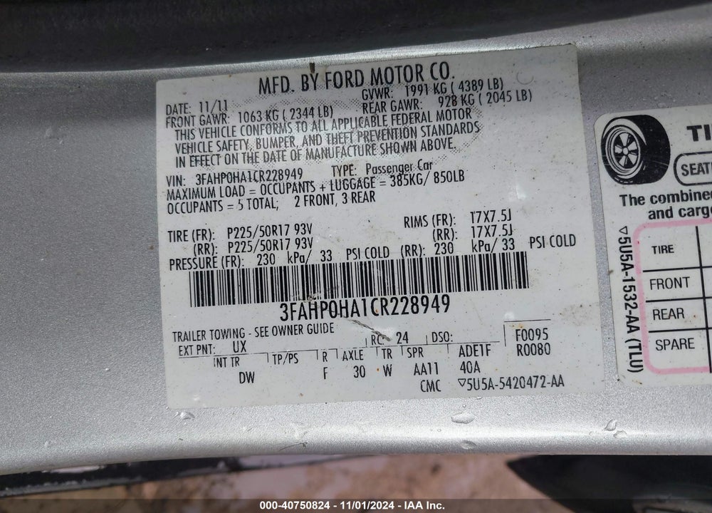 2012 FORD FUSION SE VIN: 3FAHP0HA1CR228949