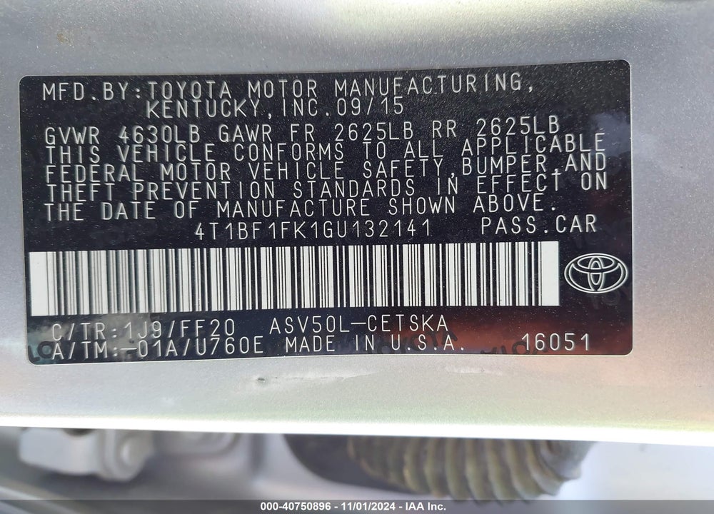 2016 TOYOTA CAMRY SE VIN: 4T1BF1FK1GU132141