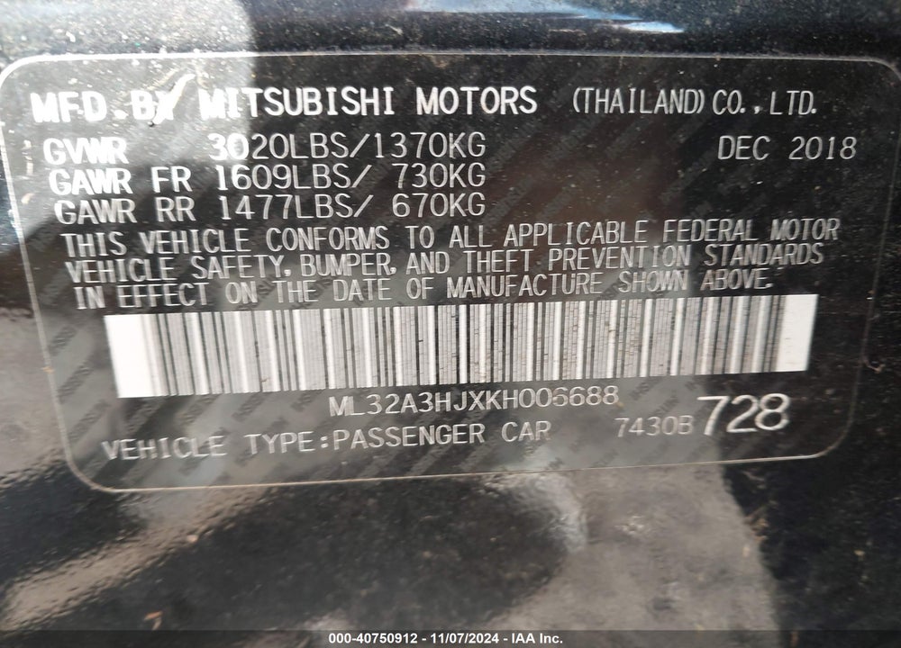 2019 MITSUBISHI MIRAGE RF VIN: ML32A3HJXKH006688