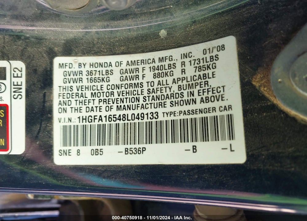 2008 HONDA CIVIC LX VIN: 1HGFA16548L049133