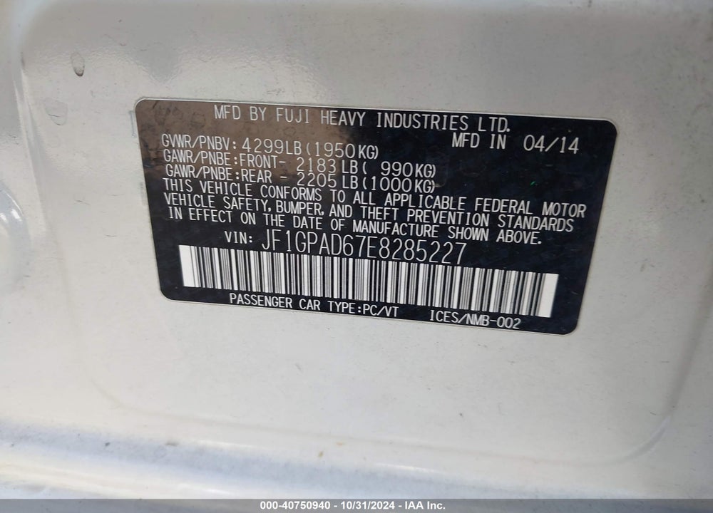 2014 SUBARU IMPREZA 2.0I PREMIUM VIN: JF1GPAD67E8285227