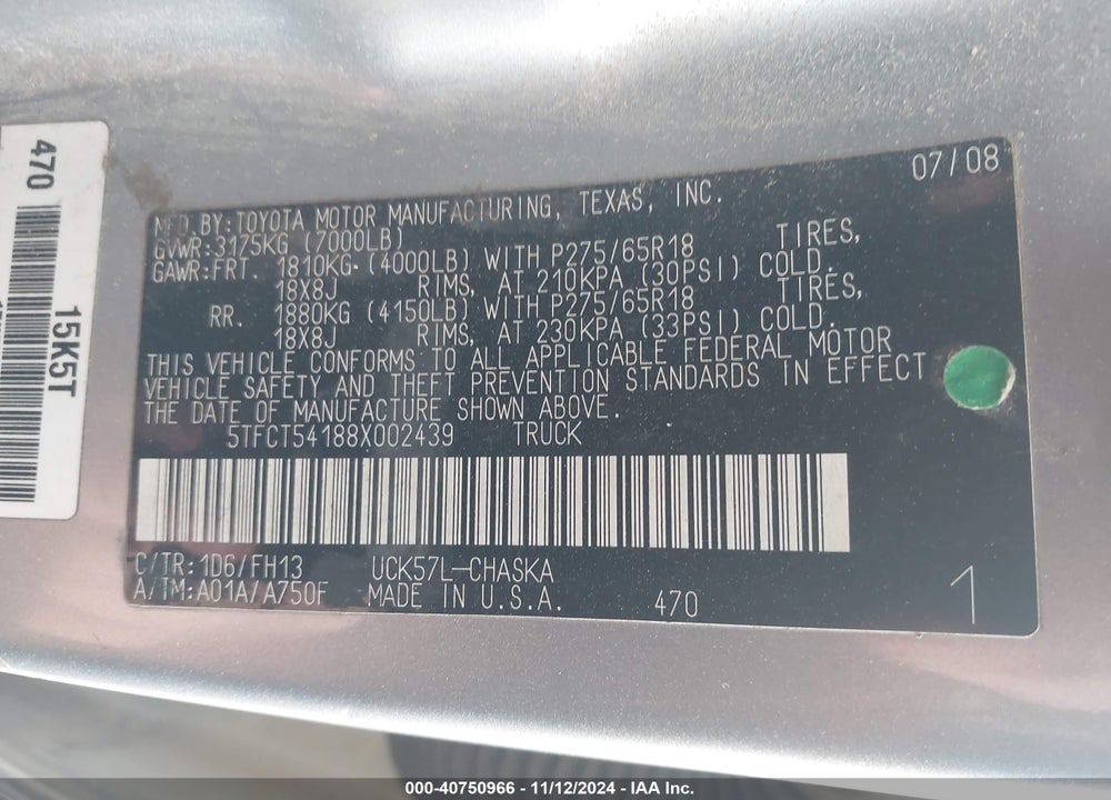 2008 TOYOTA TUNDRA SR5 4.7L V8 VIN: 5TFCT54188X002439