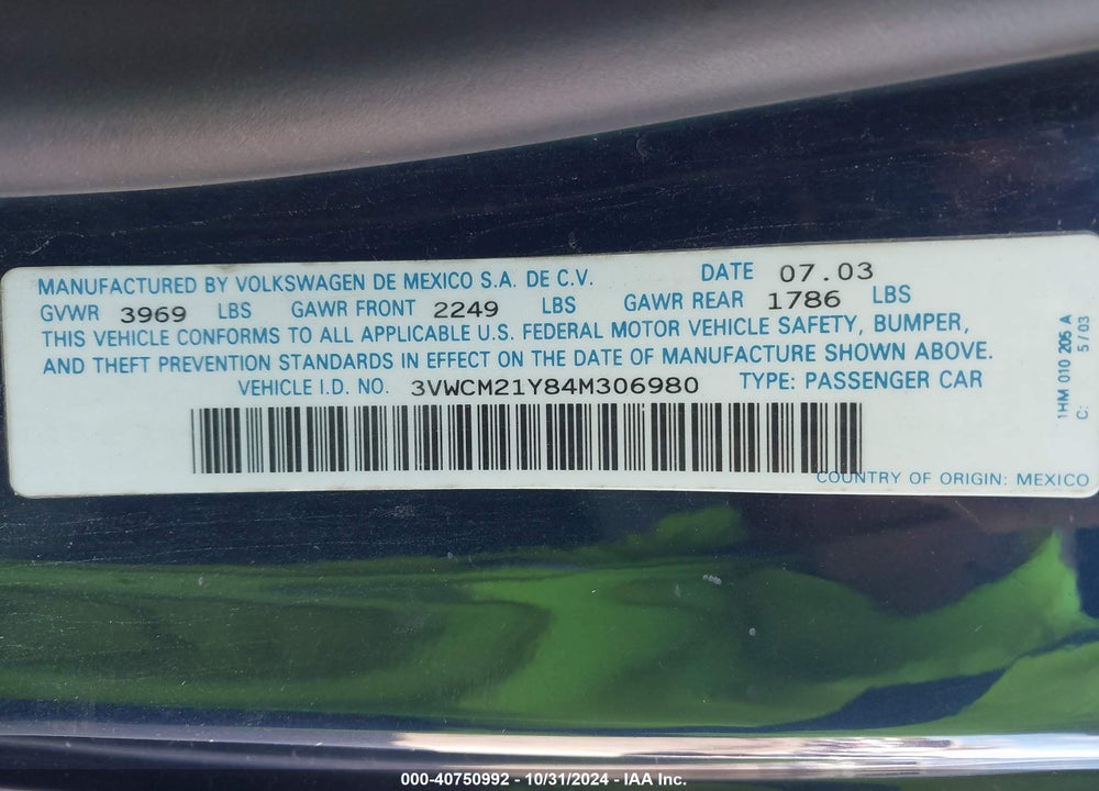 2004 VOLKSWAGEN NEW BEETLE GLS VIN: 3VWCM21Y84M306980