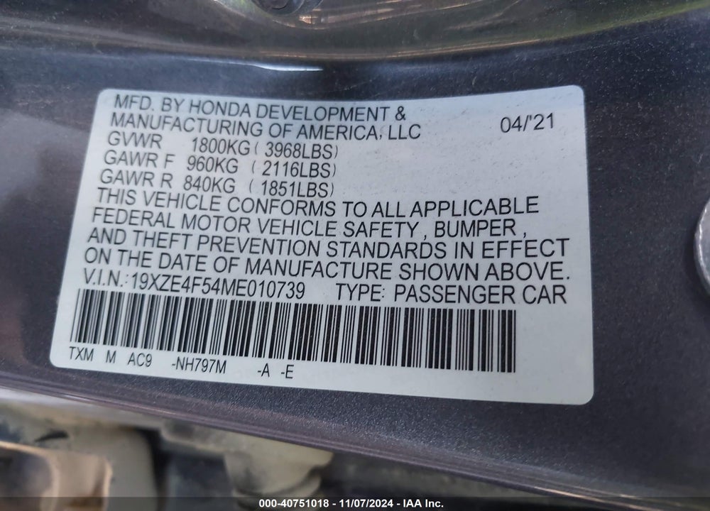 2021 HONDA INSIGHT EX VIN: 19XZE4F54ME010739