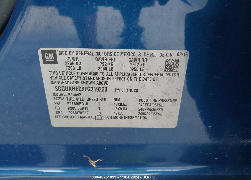 2015 CHEVROLET SILVERADO 1500 2LT VIN: 3GCUKREC6FG319250