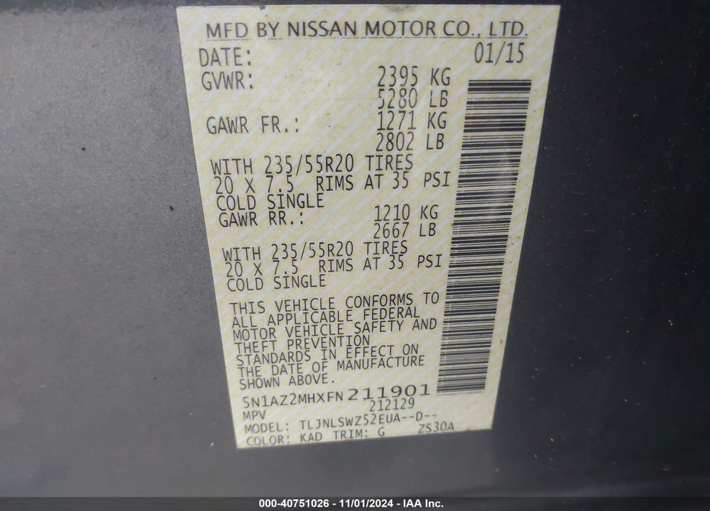 2015 NISSAN MURANO PLATINUM VIN: 5N1AZ2MHXFN211901