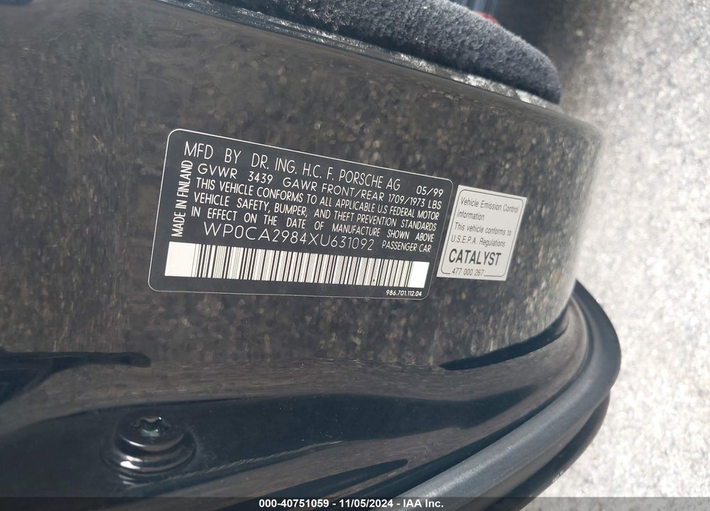 1999 PORSCHE BOXSTER VIN: WP0CA2984XU631092