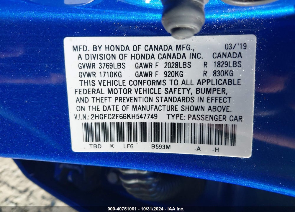 2019 HONDA CIVIC LX VIN: 2HGFC2F66KH547749