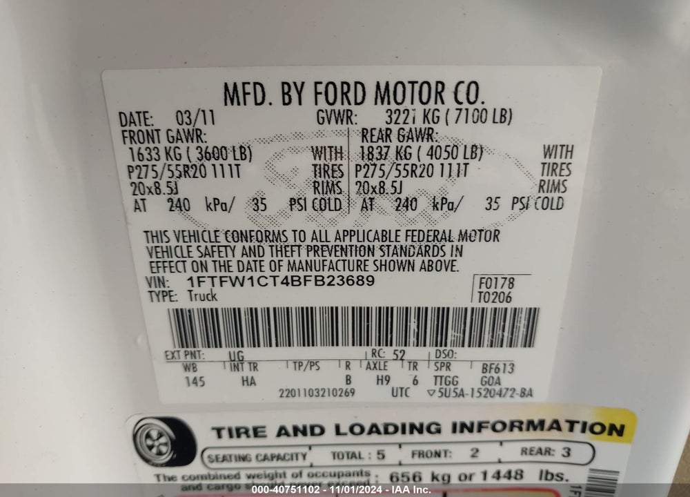 2011 FORD F-150 LARIAT VIN: 1FTFW1CT4BFB23689