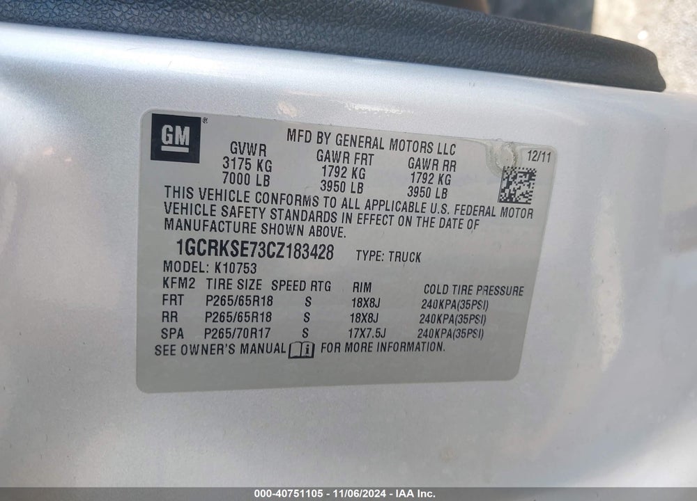 2012 CHEVROLET SILVERADO 1500 LT VIN: 1GCRKSE73CZ183428
